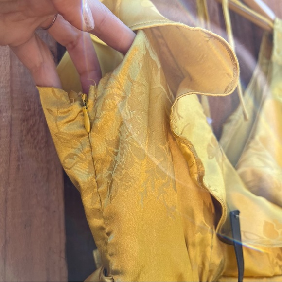 Golden Yellow Satin Floral Jacquard Faux-Wrap Midi Dress 🌿 - Picture 8 of 10
